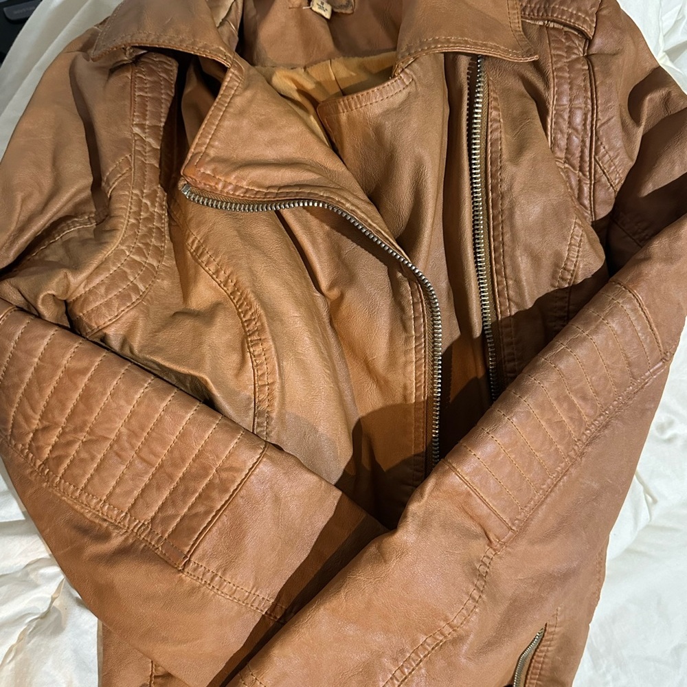 Black Swan Tan Bomber Jacket with Asymmetrical Zipper and Quilted Detailing